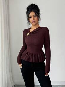 Elenzga Elegante Luxuoso Emagrecedor Estiloso Único Belo Camiseta Feminina com Cintura Franzida Estilo Francês - Castanho - Visão 4