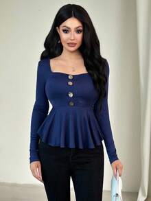 Vavine Dunkelblaues Damen-Top für Herbst/Winter: Quadratischer Ausschnitt + Rüschensaum, Details mit Metallic-Knöpfen, schwarze Schleife am Rücken, weicher, dehnbarer Stoff für hohen Tragekomfort – vielseitig einsetzbar für Alltagsausflüge, gesellschaftliche Anlässe oder die Arbeit.