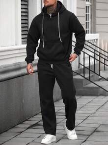 Manfinity Homme Bộ đồ thể thao nam, áo nỉ có mũ trùm đầu, túi rút dây kéo và quần ống đứng lưng thun co giãn, thoải mái khi đi nghỉ, dự tiệc, đi làm, tối giản và đa năng, thích hợp mặc tự do hoặc làm quà tặng Bộ đồ thể thao nam Bộ đồ thể thao nam Bộ đồ hai mảnh màu đen, dành cho mùa đông - màu đen - Xem 5