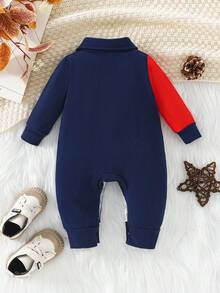 Souflis Souflis Baby Boys' Casual Polo Collar Colorblock Embroidered Long Sleeve Jumpsuit, Lightweight Breathable Soft Cotton, Horse Embroidery Decor, Suitable For All Seasons, Great For Casual, Gatherings, And Photography , Fashion Style Fit For Outdoor Walk/Indoor Leisure/Active Sports/Relaxing , Great Choice For Parent-Child Interaction(1-18M)
