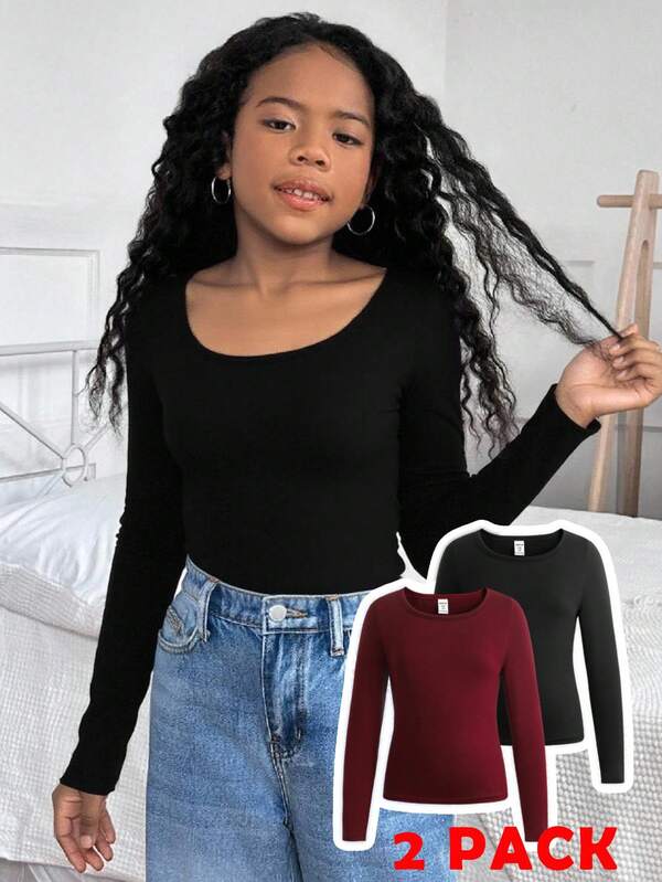 SHEIN Set de 2 camisetas casuales de cuello redondo de unicolor para niñas preadolescentes