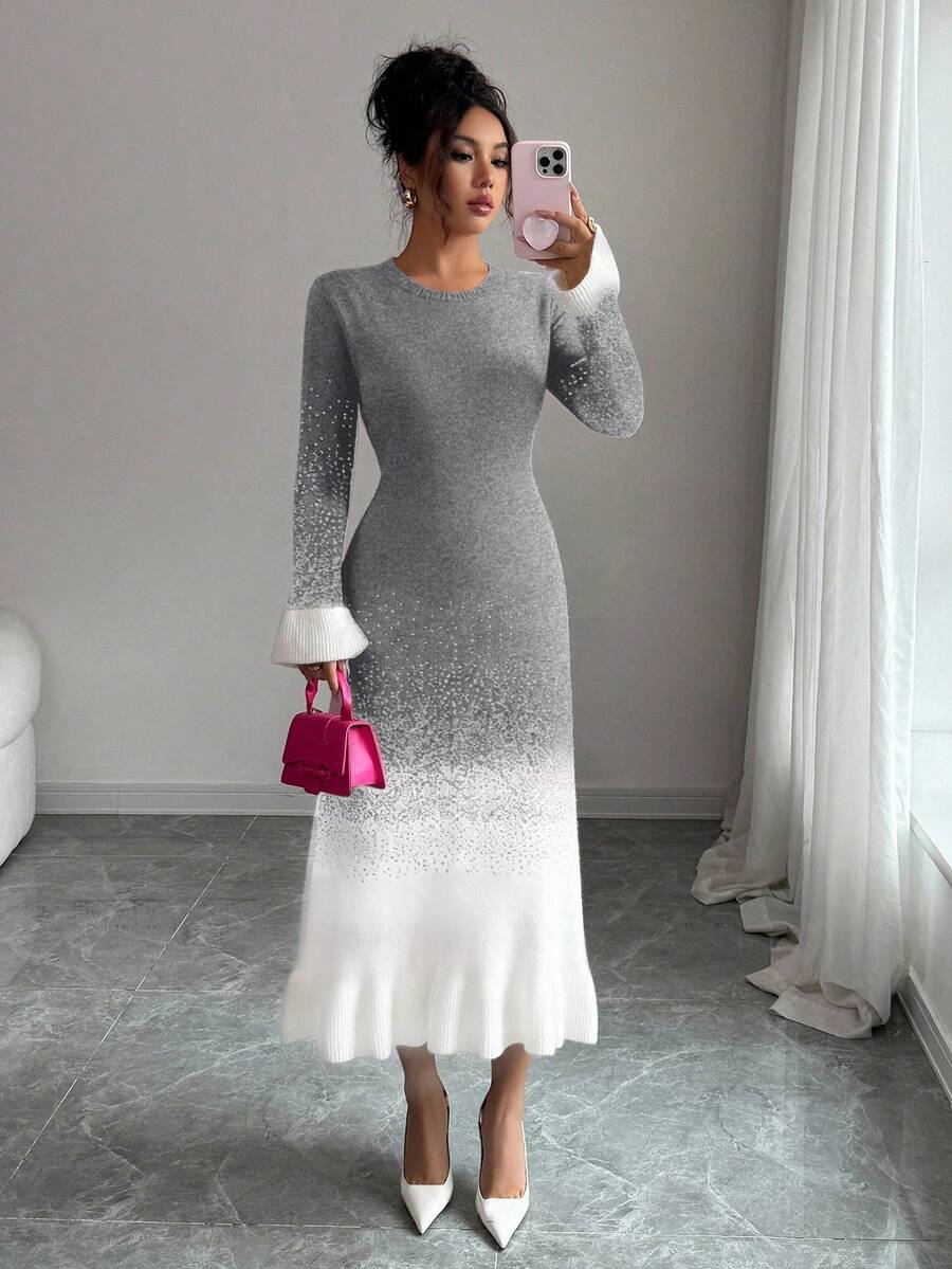 Elenzga 女士秋冬新款圆领渐变色独特设计荷叶边下摆和袖口时尚优雅优雅约会休闲修身针织中长毛衣连衣裙 - 灰色 - 查看 1