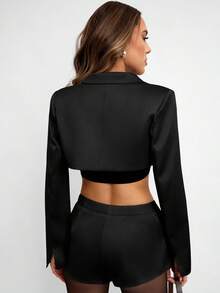 Avenya Women's Solid Color Mottled Lapel Single-Breasted Cropped Long Sleeve Blazer - Black - View 5