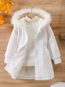 SHEIN 青少年女孩休闲百搭百搭校园和日常穿着温暖毛茸茸的衣领纹理针织收腰中长连帽夹克，秋冬