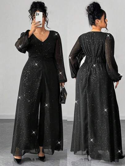 Elenzga Salopetă elegantă pentru femei, mărime mare, cu decolteu în V și mânecă lungă, potrivită pentru ieșiri, întâlniri, întâlniri, sezonul de întoarcere la școală, toamnă/iarnă