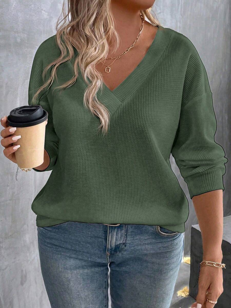 EMERY ROSE 复古军绿色华夫格纹面料休闲翻领基础款T恤，大码，秋冬款 - 軍綠色 - 查看 1