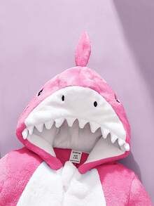 SHEIN 新生儿鲨鱼造型套装，可爱毛绒鲨鱼造型3D帽子，刺绣鲨鱼脸，长袖连体衣 - 玫紅色 - 查看 5