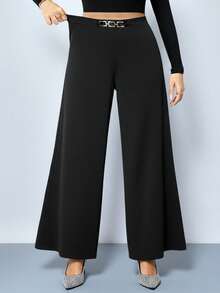 Modelyn Plus Size Minimalist Metal Decor Loose Wide Leg Pants