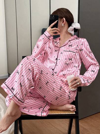 女士蝴蝶结条纹印花仿丝绸翻领长袖睡衣套装