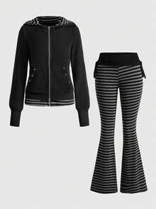 ROMWE Grunge Punk Skull Rivet 2 In 1 Loose Fit Black & Gray Vintage Open Front Hoodie With Bell Bottom Pants - Black - View 1