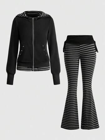 sweat-shirt à capuche vintage noir et gris à l'avant ouvert avec pantalon évasé, style grunge punk avec crâne et rivets, coupe ample 2 en 1