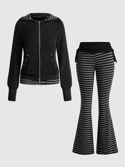 sweat-shirt à capuche vintage noir et gris à l'avant ouvert avec pantalon évasé, style grunge punk avec crâne et rivets, coupe ample 2 en 1