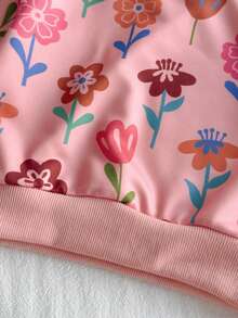 SHEIN 2pcs Baby Girl Cute Sweet Fashion Casual Pink All Over Colorful Floral Flower Plant Print Pattern Long Sleeve Round Neck Sweatshirt Pullover Tops And Elastic Waist Flared Pants Bell Bottoms Leggings Two Pieces Outfit Sets Soft Clothes For Daily Wear School Park Play Spring Fall Autumn Winter - Pink - View 4