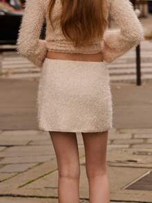 lacRébo Cream Fuzzy Textured Tweed Mini Skirt Chic Vintage Spring Summer Look Party Skirt Going Out - Beige - View 2