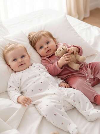 2pcs Newborn Minimalist Cute Pink & White Long Sleeve Romper Set, Infant Pajamas New Born Baby Girl Fall Winter