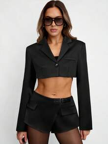 Avenya Women's Solid Color Mottled Lapel Single-Breasted Cropped Long Sleeve Blazer - Black - View 3