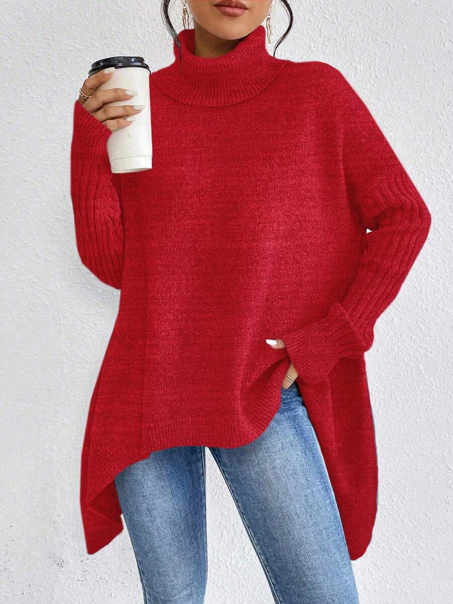 SHEIN LUNE Women's Casual Solid Color Turtleneck Long Sleeve Sweater, Autumn/Winter - Red - View 1