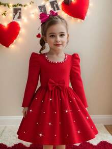 Váy chữ A tay bồng cổ tròn đính hạt màu đỏ cho bé gái, thích hợp cho dịp năm mới, tiệc tùng, mùa thu/xuân/đông, giáng sinh - Đỏ - Xem 3