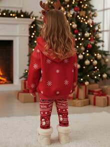 SHEIN Baby Girl Cartoon Reindeer Print Long Sleeve Hoodie And Pants Casual Outfit - Hot Pink - View 2