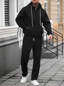 Manfinity Homme Bộ đồ thể thao nam, áo nỉ có mũ trùm đầu, túi rút dây kéo và quần ống đứng lưng thun co giãn, thoải mái khi đi nghỉ, dự tiệc, đi làm, tối giản và đa năng, thích hợp mặc tự do hoặc làm quà tặng Bộ đồ thể thao nam Bộ đồ thể thao nam Bộ đồ hai mảnh màu đen, dành cho mùa đông - màu đen - Xem 6