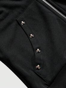 ROMWE Grunge Punk Skull Rivet 2 In 1 Loose Fit Black & Gray Vintage Open Front Hoodie With Bell Bottom Pants - Black - View 3