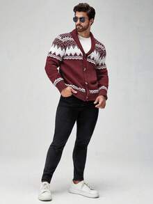 Manfinity Homme 男士復古圖案長袖開襟衫，酒紅色，秋季休閒，親子款針織鈕扣式冬季費爾島圖案開襟衫 - 酒紅色 - 查看 3