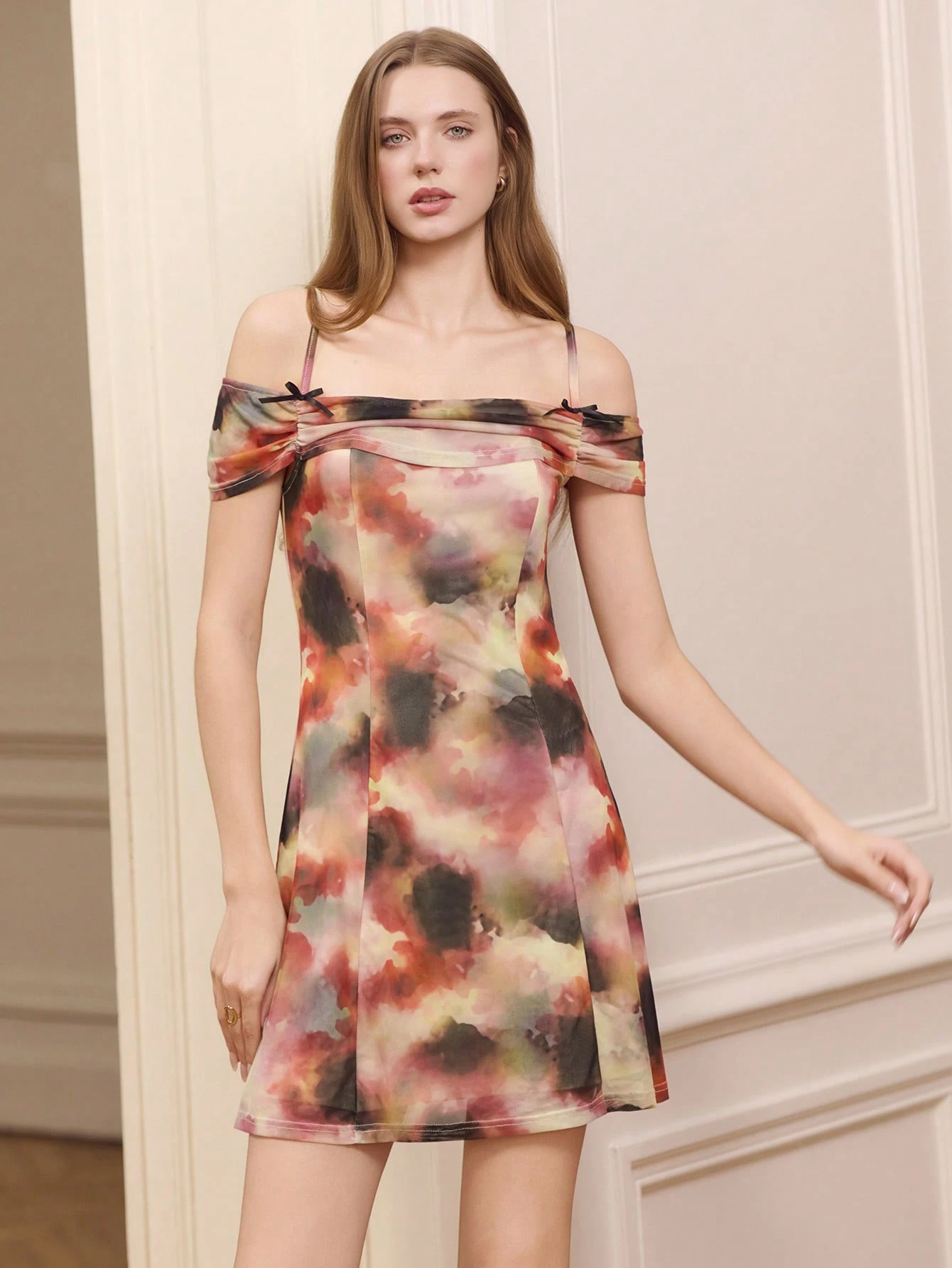 タイダイ柄 オフショルダー ミニドレス 細ストラップ ボウ付き パーティースタイル