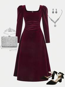 SHEIN Serisse Kids 女童纯红色大蝴蝶结腰部 A 字短款长袖连衣裙，优雅复古，适合派对、圣诞节、新年派对、秋冬 - 紅色 - 查看 2