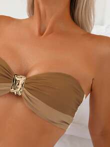 Swim Basics 2pcs/Set Women's Solid Color Sexy Bandeau Bikini Set, Spring/Summer - Multicolor - View 6