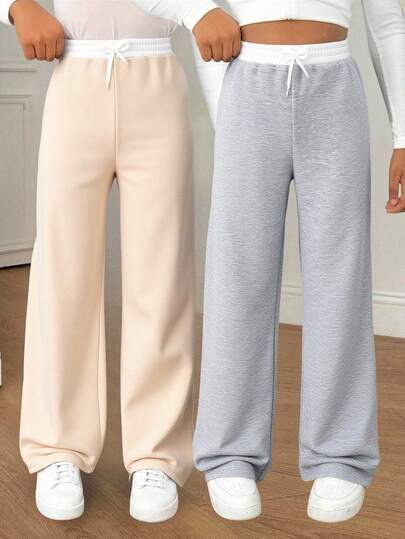 Sparklyn 2 piezas Pantalones deportivos anchos y sueltos de contraste de cintura para niñas preadolescentes, diseño versátil y casual para otoño/invierno