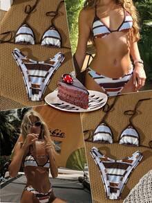 Bonvoyette Swim Vcay 优雅女士 2026 多色波点沙滩泳衣,清新撞色动物纹印花,超柔软塑形弹力罗纹针织挂脖三角比基尼套装,可调节系带挂脖比基尼上衣(带可拆卸胸垫),Y2K 美学高衩性感比基尼下装(撞色条纹图案)。 - 彩色 - 查看 5