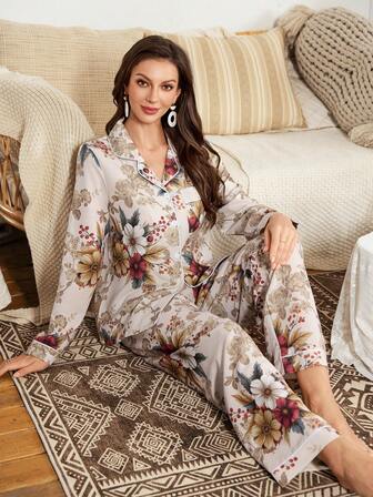  Serenescape Pyjamasset med blommönster och bubbelkrage för kvinnor, pyjamasset för kvinnor i semesterstil, nattkläder för kvinnor, höst- och vinterkläder