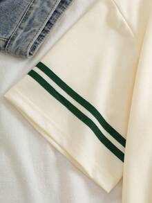 INAWLY Camiseta con gráfico de letra y cuello de contraste, camisetas gráficas para mujer - Beis - Ver 3