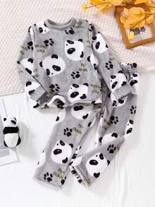 2 pièces Ensemble de pyjama à manches longues et pantalon imprimé panda mignon pour tout-petits garçons, automne/hiver - Multicolore - Voir 4