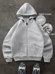 Manfinity Homme Men's Letter Graphic Zip-Up Thermal Lined Hoodie Sweatshirt - Grey - View 3