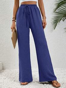 SHEIN LUNE Women's Casual Solid Color Pocketed Drawstring Pants - Purple - View 5