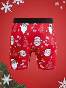 圣诞节趣味印花卡通古怪圣诞老人、礼品盒、拐杖糖、铃铛、雪花、雪人、家庭派对男士中长款平角内裤 - 紅色 - 查看 2
