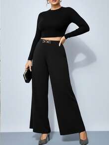 Modelyn Plus Size Minimalist Metal Decor Loose Wide Leg Pants