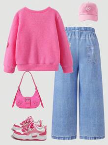 SHEIN ChillGRL 2pcs/Set Young Girls Floral Knit Cardigan Jacket & Printed Wide Leg Pants, Sweet Style Casual Outfit, Spring/Autumn - Hot Pink - View 2