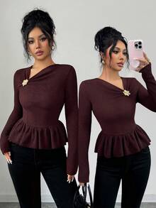 Elenzga Elegante Luxuoso Emagrecedor Estiloso Único Belo Camiseta Feminina com Cintura Franzida Estilo Francês - Castanho - Visão 1