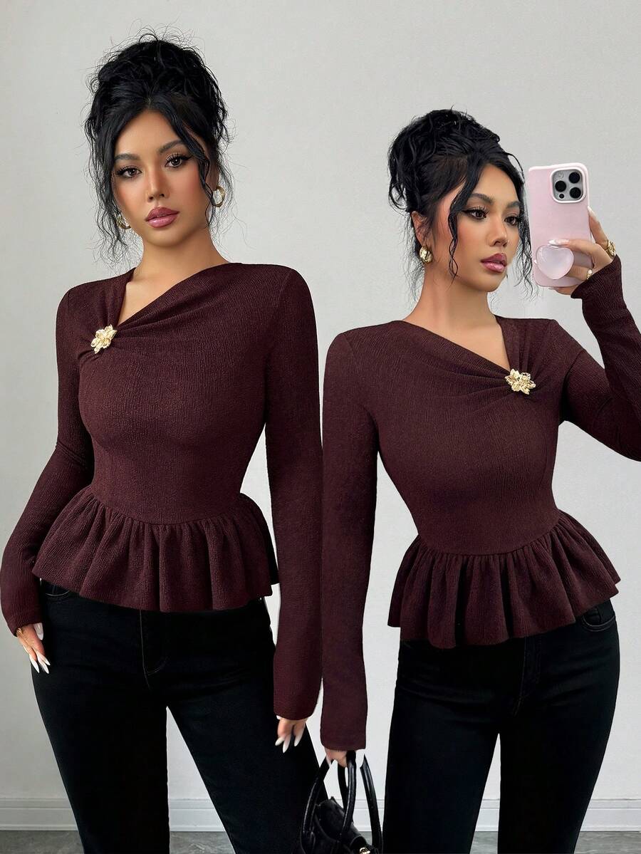 Elenzga Elegante Luxuoso Emagrecedor Estiloso Único Belo Camiseta Feminina com Cintura Franzida Estilo Francês - Castanho - Visão 1