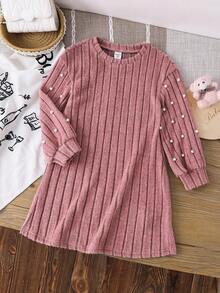 SHEIN Emery Rose Kids 少女优雅粉色珍珠灯笼袖长袖连衣裙，蓬松柔软，保暖舒适，适合姐妹装，秋冬季 - 粉色 - 查看 8