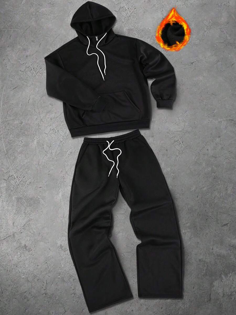 Manfinity Homme Bộ đồ thể thao nam, áo nỉ có mũ trùm đầu, túi rút dây kéo và quần ống đứng lưng thun co giãn, thoải mái khi đi nghỉ, dự tiệc, đi làm, tối giản và đa năng, thích hợp mặc tự do hoặc làm quà tặng Bộ đồ thể thao nam Bộ đồ thể thao nam Bộ đồ hai mảnh màu đen, dành cho mùa đông - màu đen - Xem 1