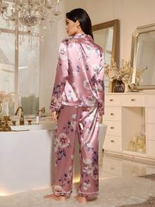 LuxeNights 花卉印花仿丝绸翻领女士长袖睡衣套装，冬季服装