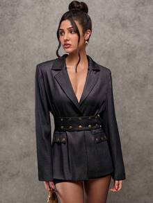 Avenya بليزر ذو تأثير جينز مع حزام خصر قابل للتعديل - الأسود - مشاهدة 1