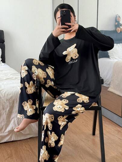 SHEIN 2 pezzi Pigiama a maniche lunghe con stampa di orsetto carino, taglia grande, abbigliamento autunno e inverno