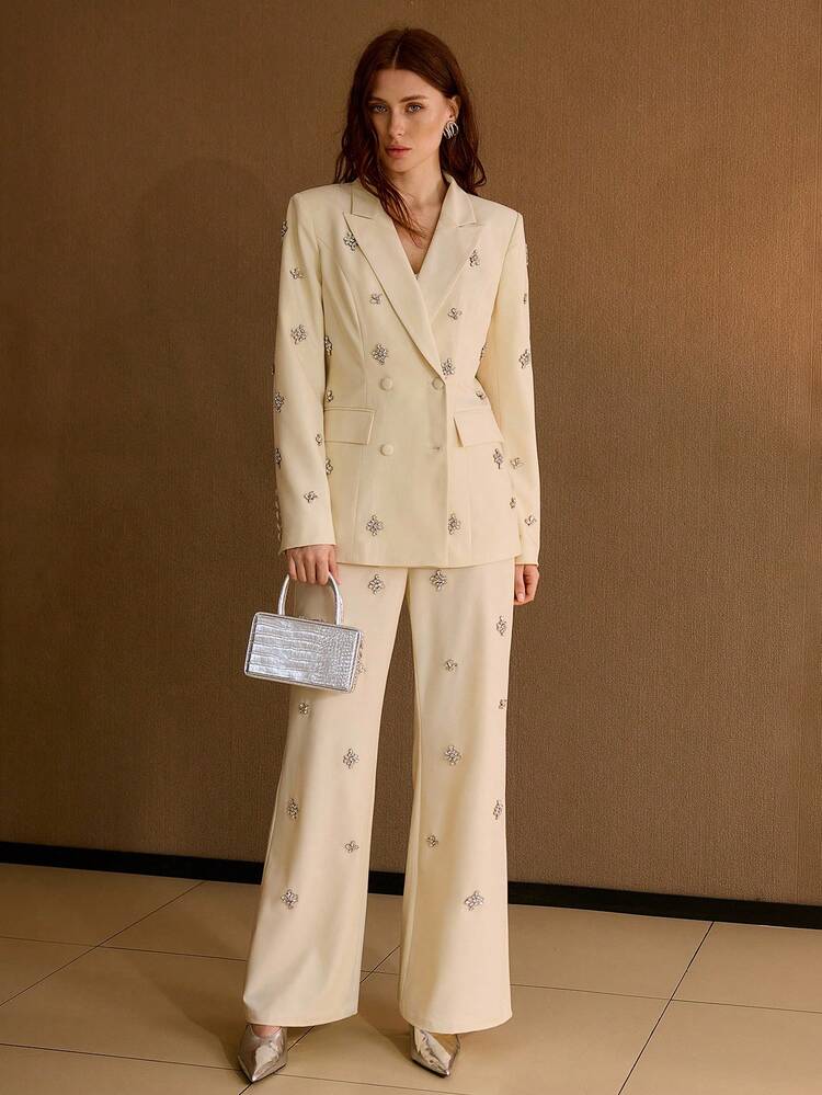 RHINESTONE DETAIL PEAK COLLAR DOUBLE BREASTED PLACKET BLAZER & FLARE LEG SUIT PANTS SET