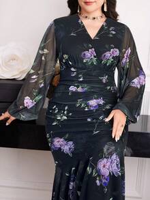Modelyn 大码女式印花V领灯笼袖褶皱优雅连衣裙 - 彩色 - 查看 3