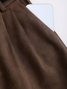 Sweetra Maillard麂皮阔腿裤，秋冬新款直筒宽松休闲街头风美式优雅法式时尚百搭高端品质褶裥腰带点缀女裤 - 棕色 - 查看 4