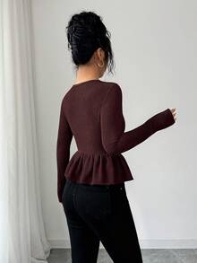Elenzga Elegante Luxuoso Emagrecedor Estiloso Único Belo Camiseta Feminina com Cintura Franzida Estilo Francês - Castanho - Visão 2